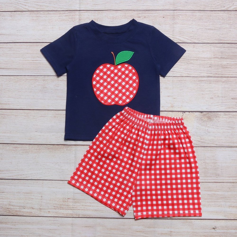 Boutique Back to School Apple Applique Boys Shorts Outfit Set